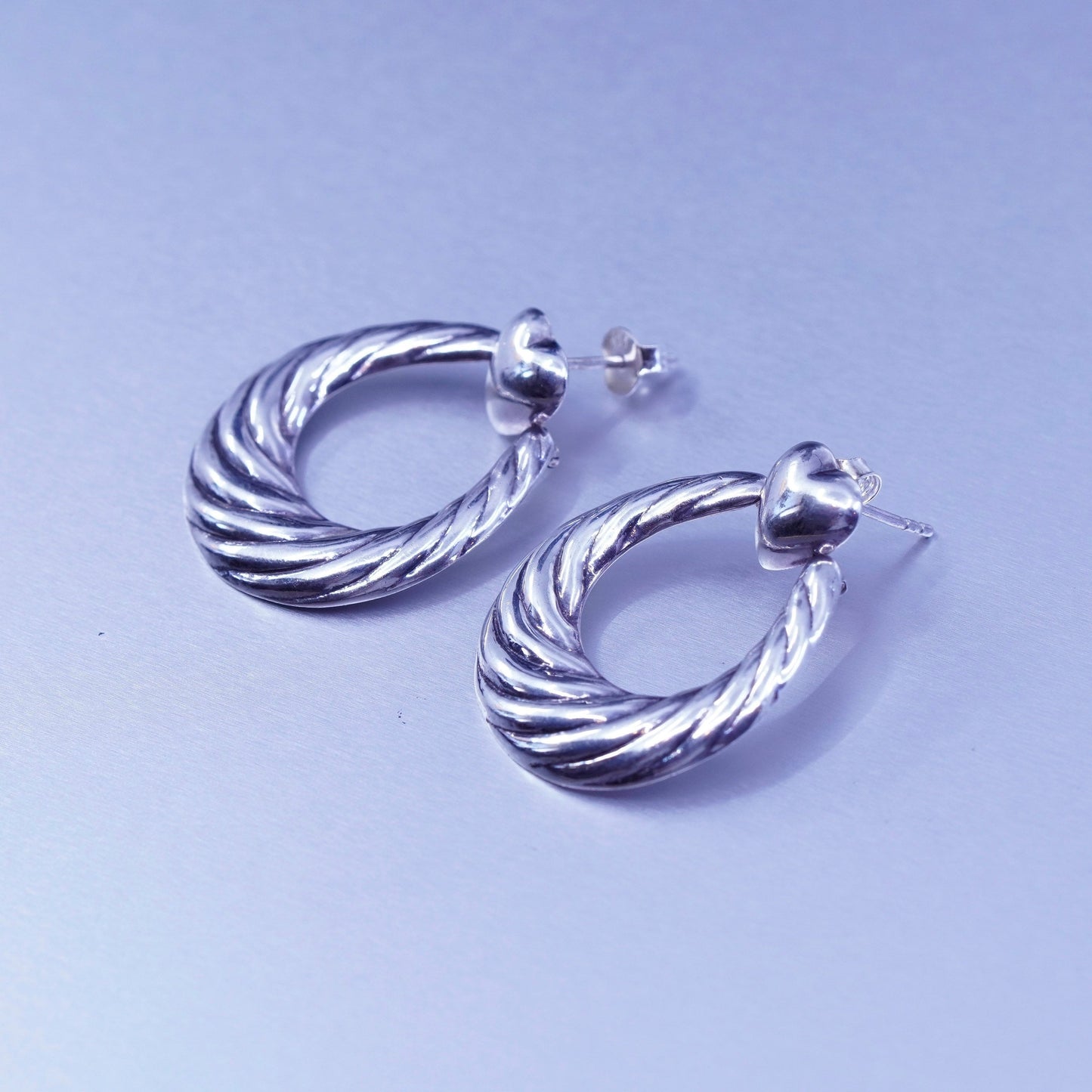 1.25”, vintage Sterling silver handmade earrings, 925 hoops with heart