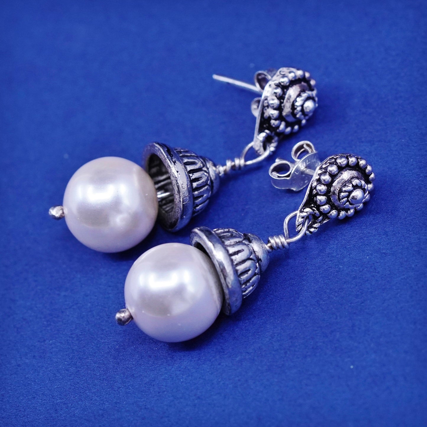 Vintage Sterling silver handmade earrings, bali 925 silver with pearl drops