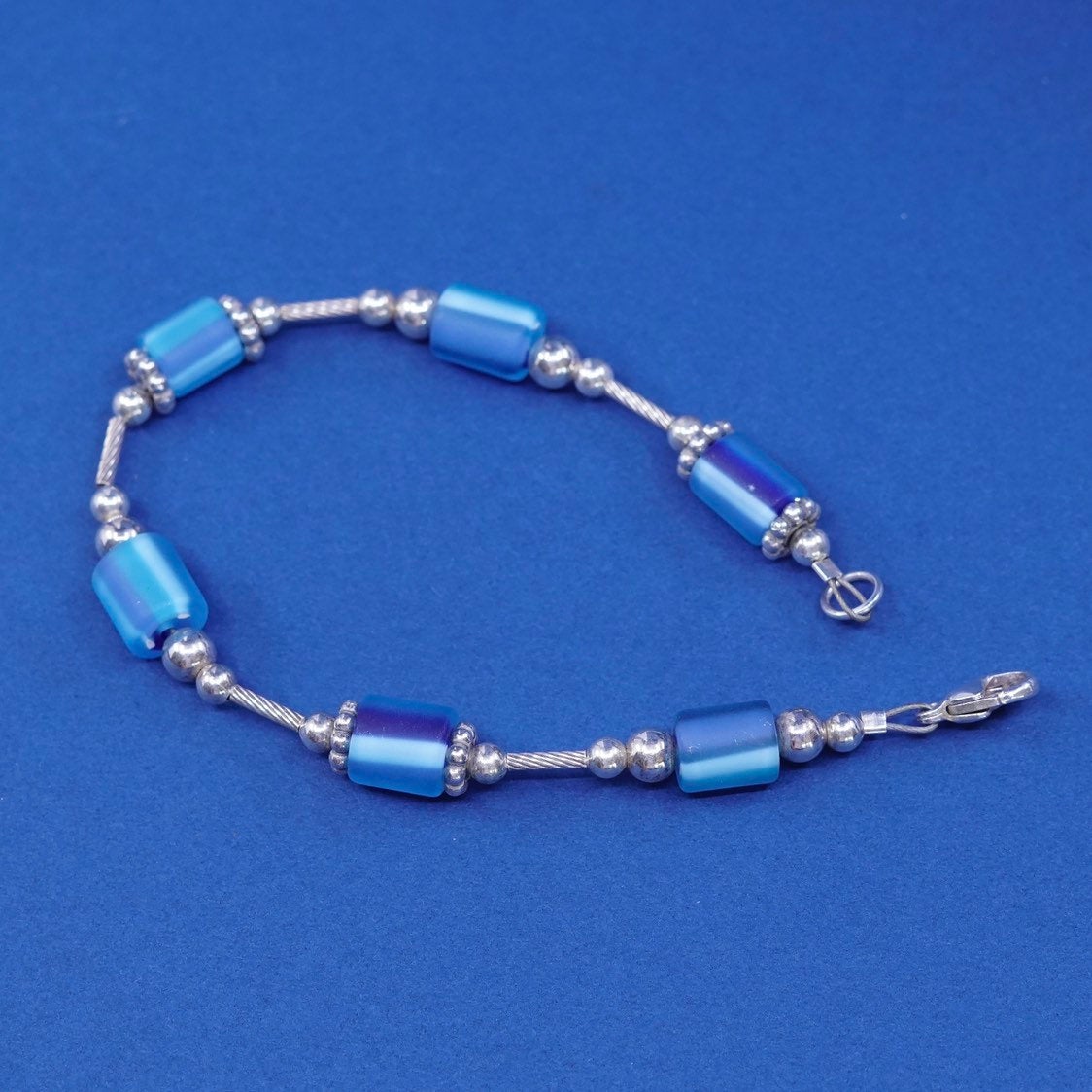 7", vtg handmade sterling silver bracelet, 925 toggle closure w/ glass beads
