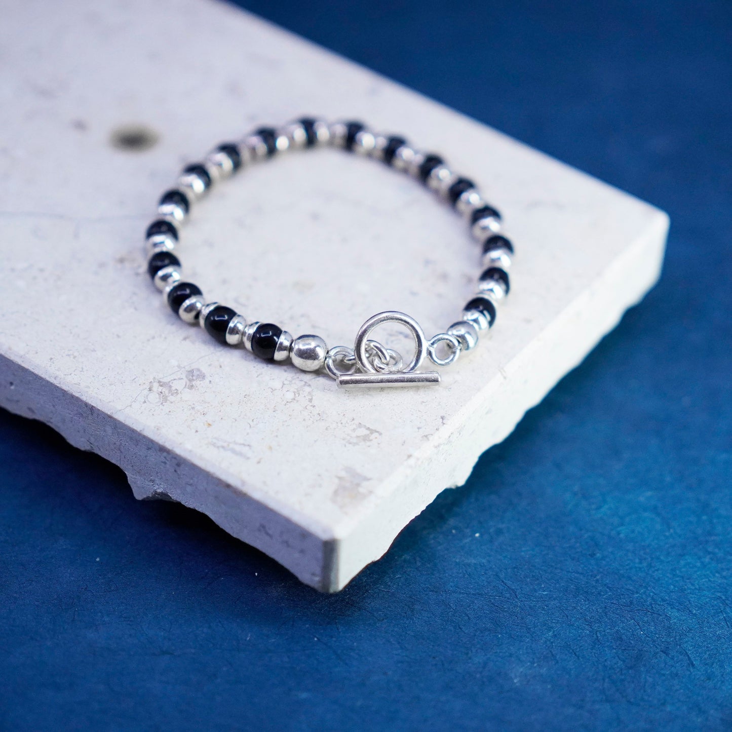 6.75”, vintage sterling 925 silver handmade bracelet with obsidian beads