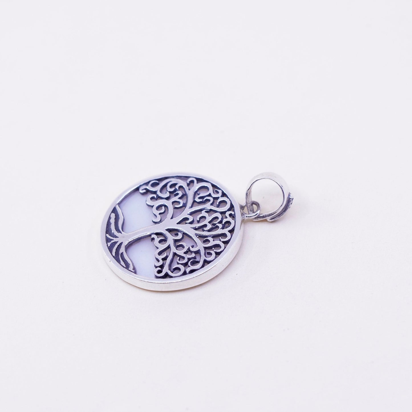 Vintage Sterling silver handmade pendant, 925 filigree tree tag mother of pearl