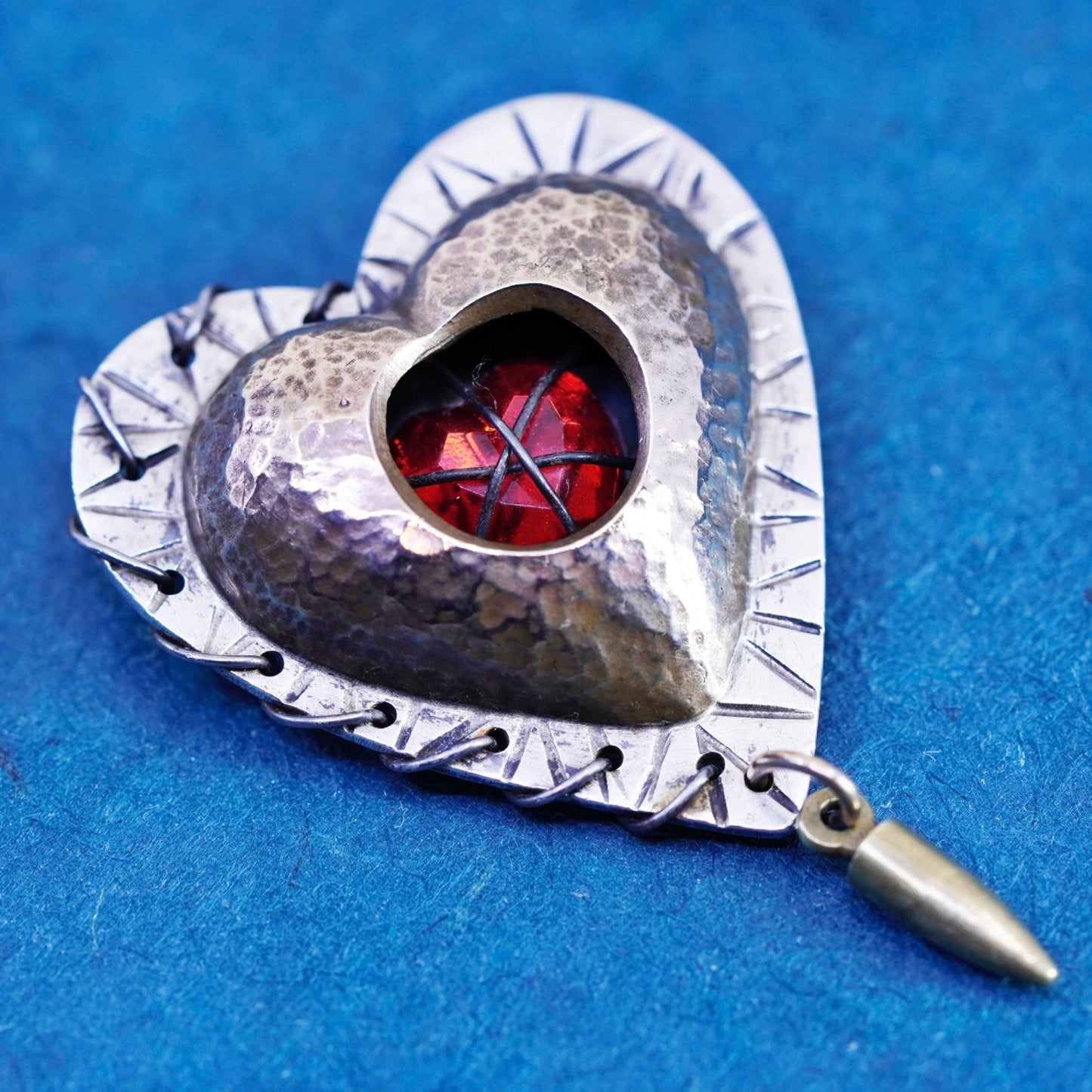 vtg designer sterling silver handmade brooch, 925 modernist heart pin with ruby