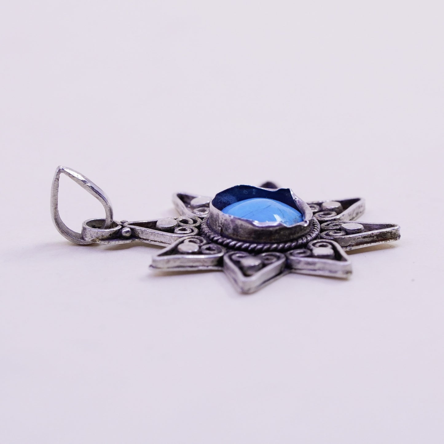 Vintage Sterling 925 silver handmade sun pendant with turquoise