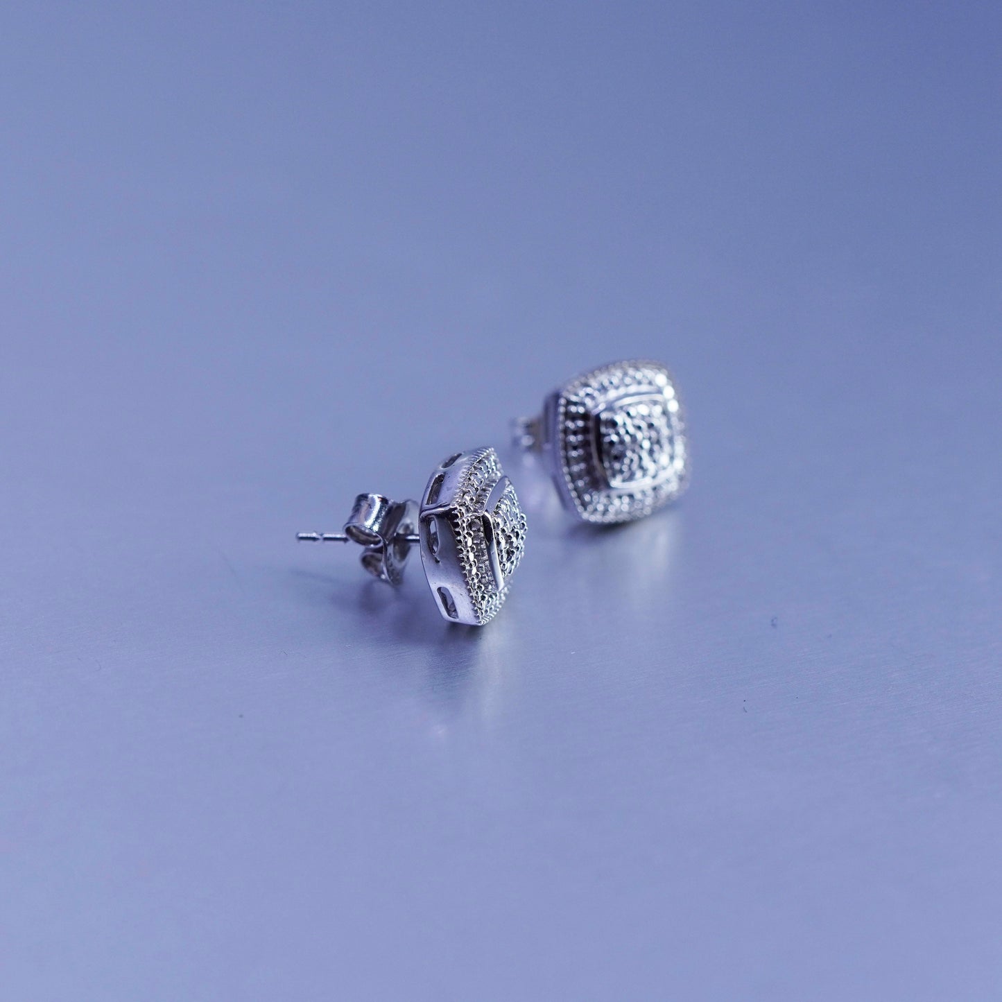 Vintage Sterling 925 silver earrings, square studs with diamond details