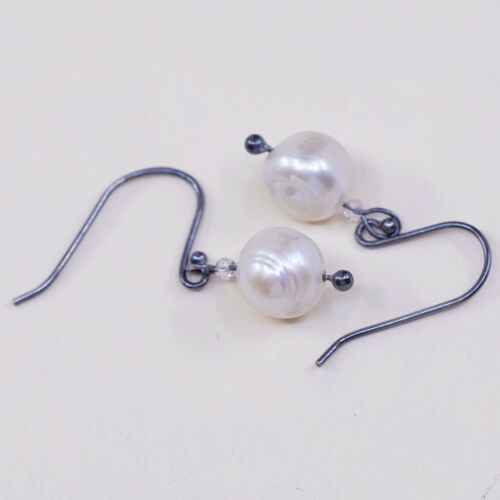 Vtg STERLING 925 SILVER Handmade earrings with pearl dangles, Silver Tested