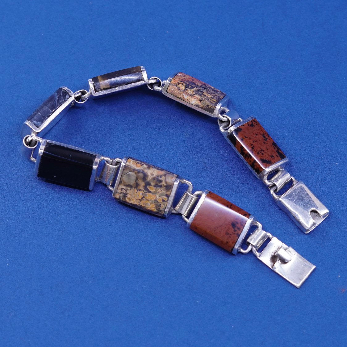 7", Sterling silver handmade bracelet, 925 round w/ obsidian jasper tiger eye