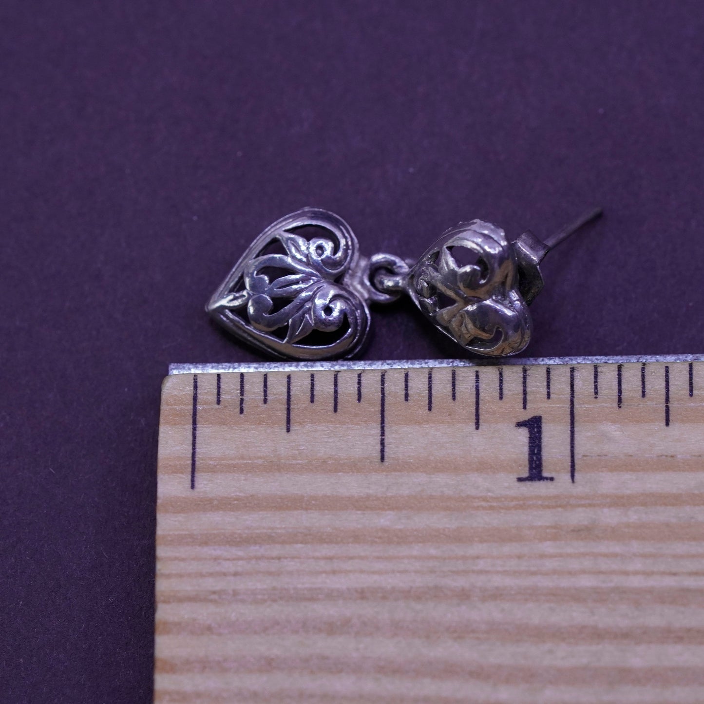Vintage Sterling silver handmade earrings, 925 filigree heart drops