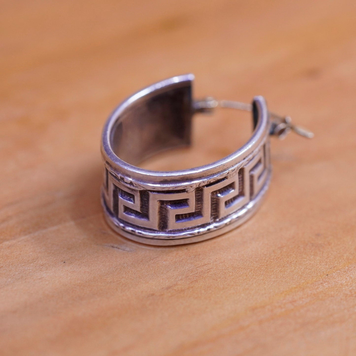 0.75”, Sterling silver handmade earrings 925 Greek key textured hoops 14K posts