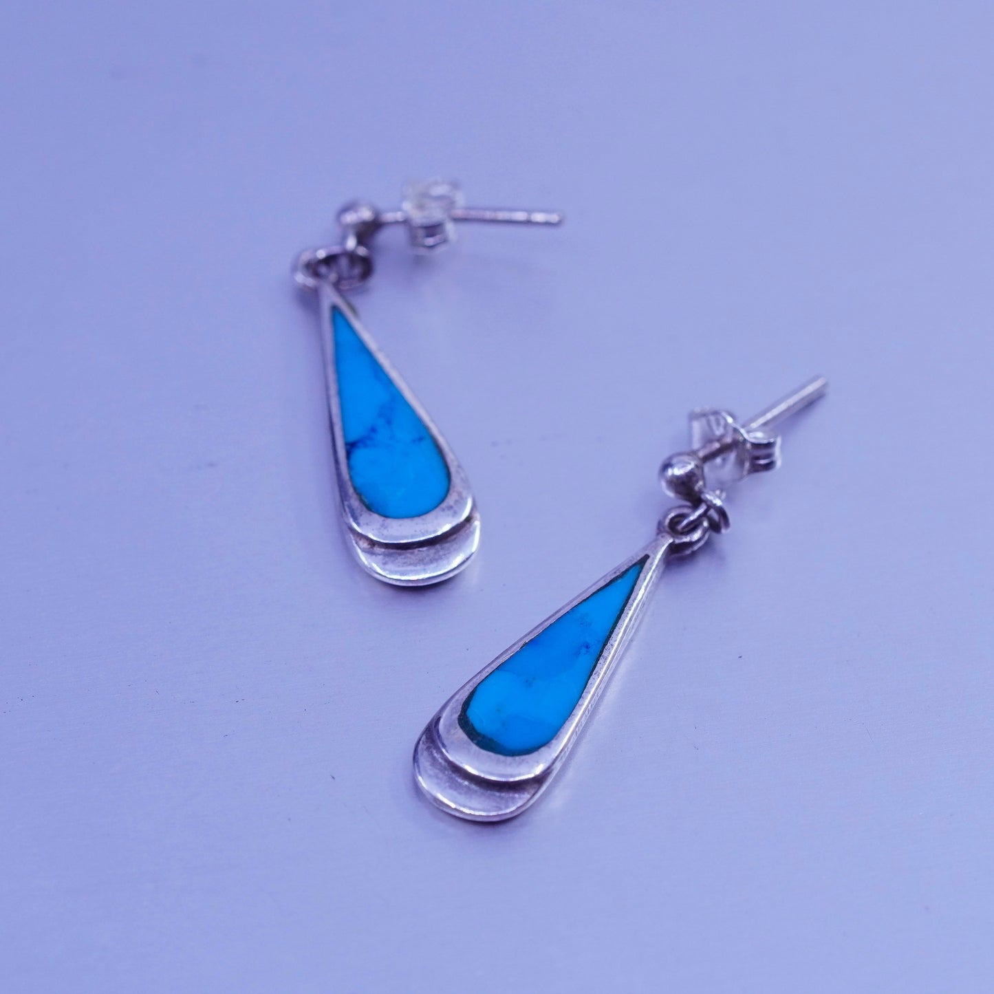 Vintage Sterling 925 silver handmade earrings with teardrop turquoise