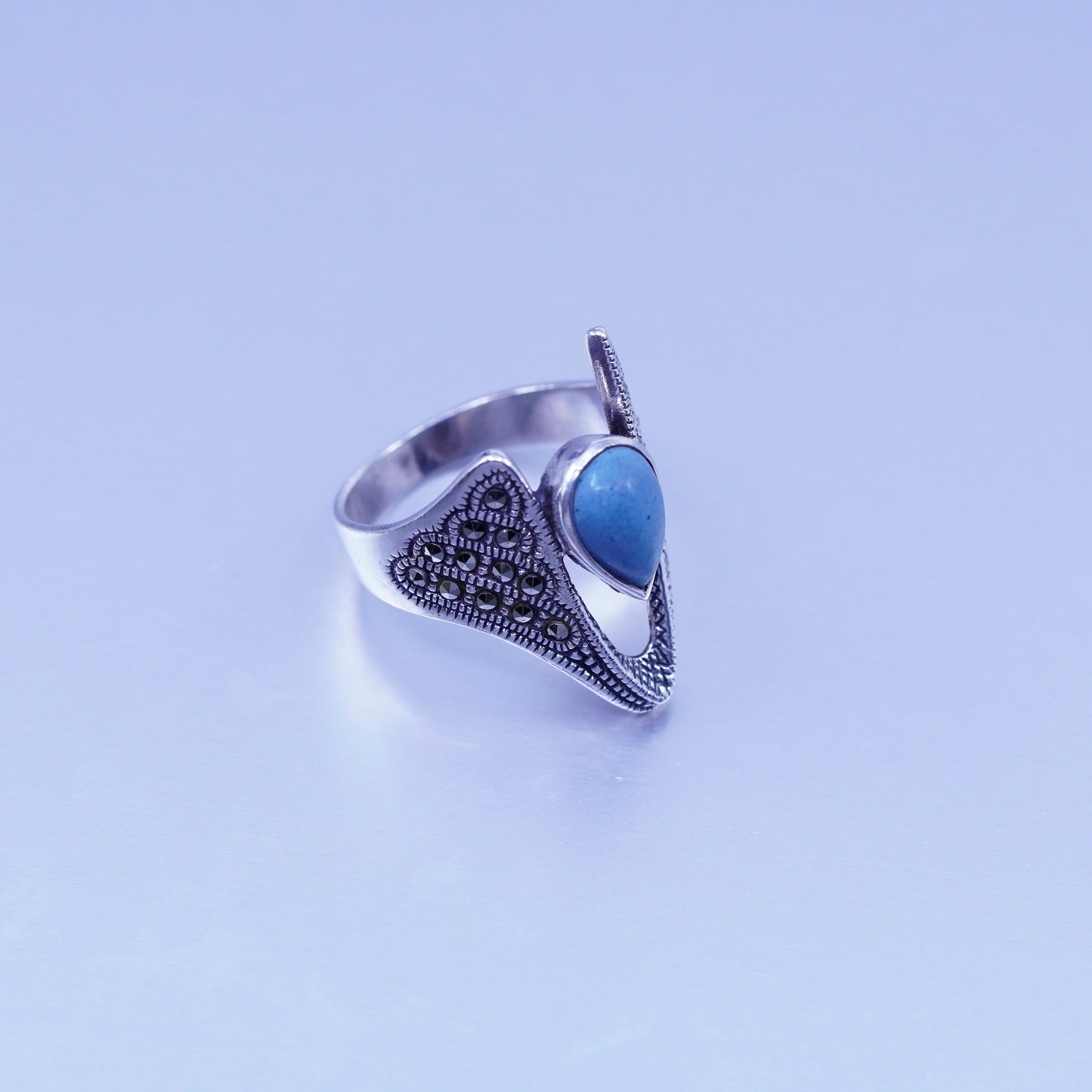 Size 8 southwestern Sterling 925 silver ring, band teardrop turquoise marcasite