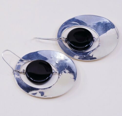 Vintage Sterling Silver Handmade Earrings, 925 Huge Hammered Circle W/ Obsidian