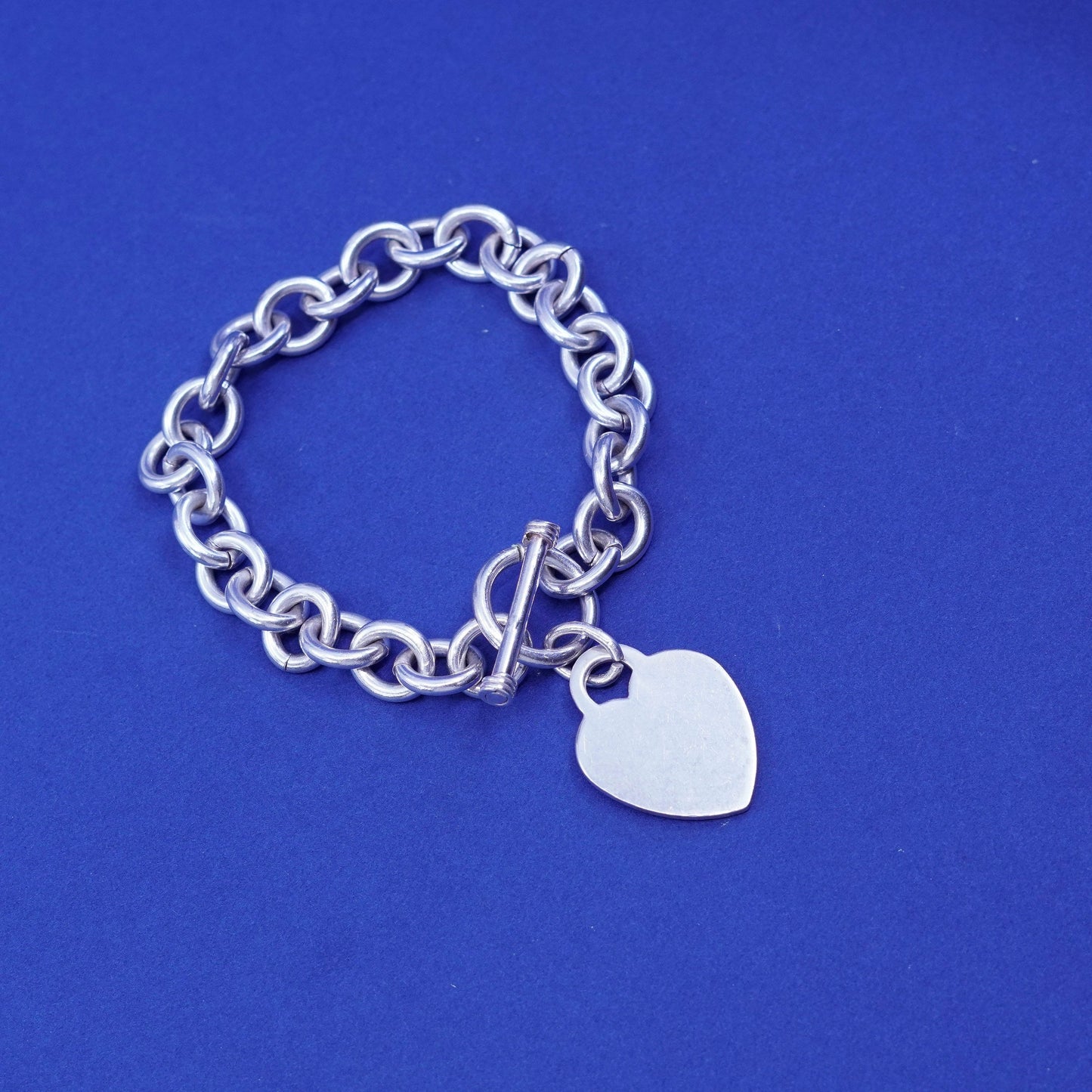 6.25”, vintage Sterling silver bracelet, 925 bold circle chain heart tag charm