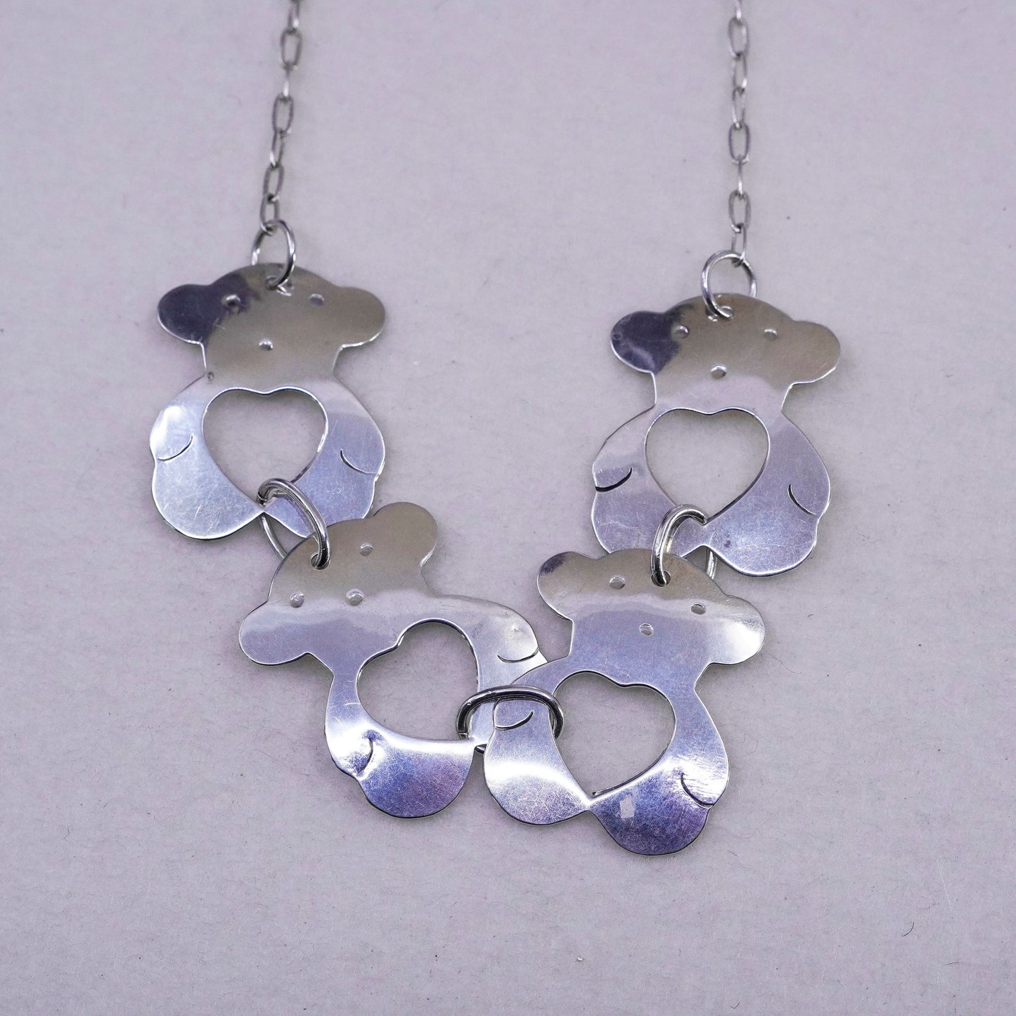 18” Sterling 925 silver handmade elongated chain necklace teddy bear pendant