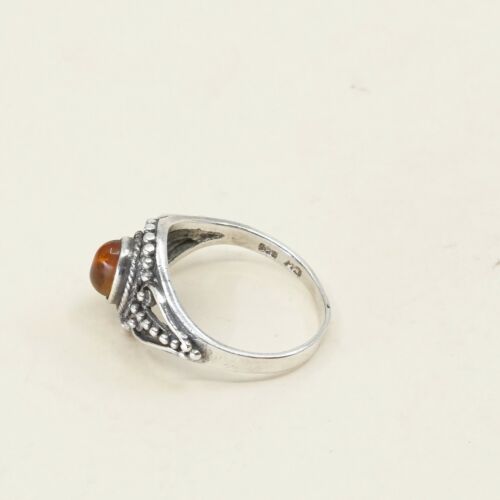 Sz 8, Orange Amber Cabochon Sterling Silver Solitaire Ring W/ Beads, Stamped 925