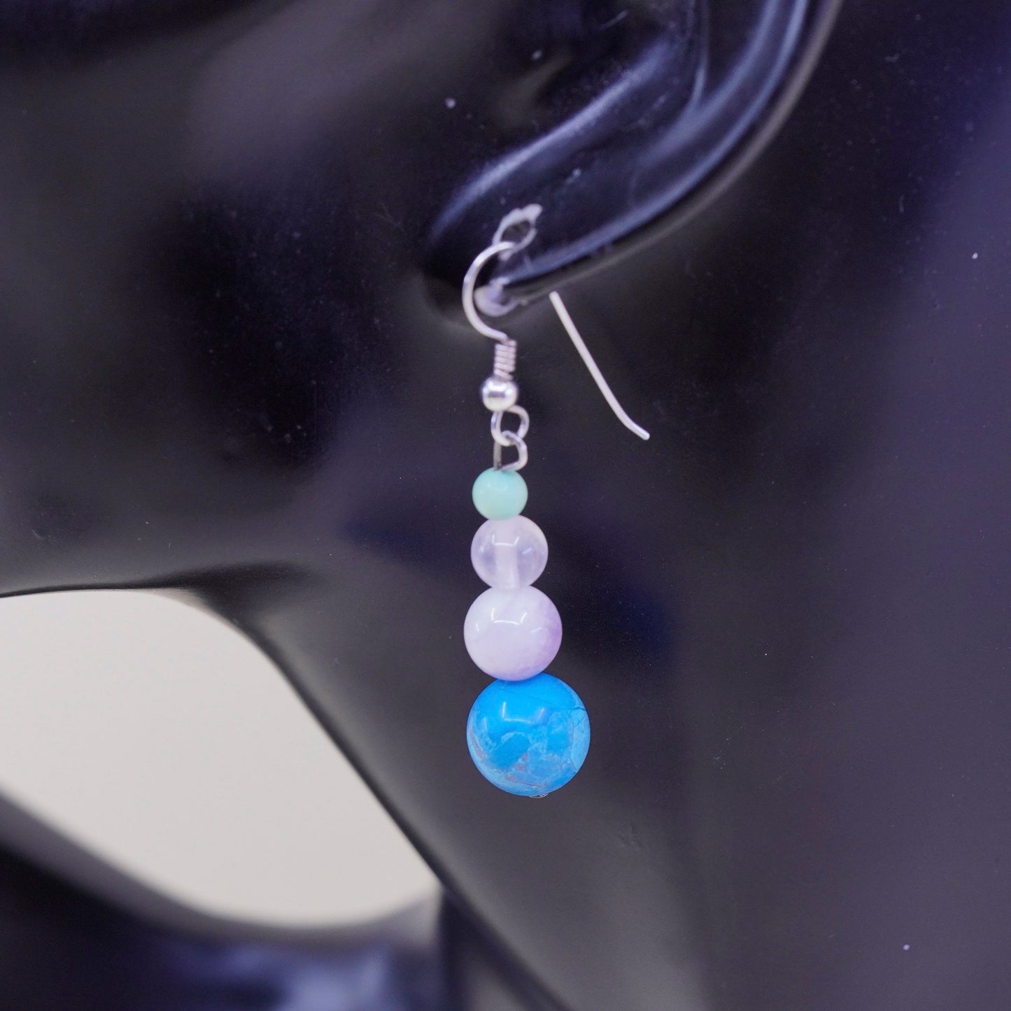 sterling 925 silver handmade earrings w/ turquoise crystal and amethyst beads