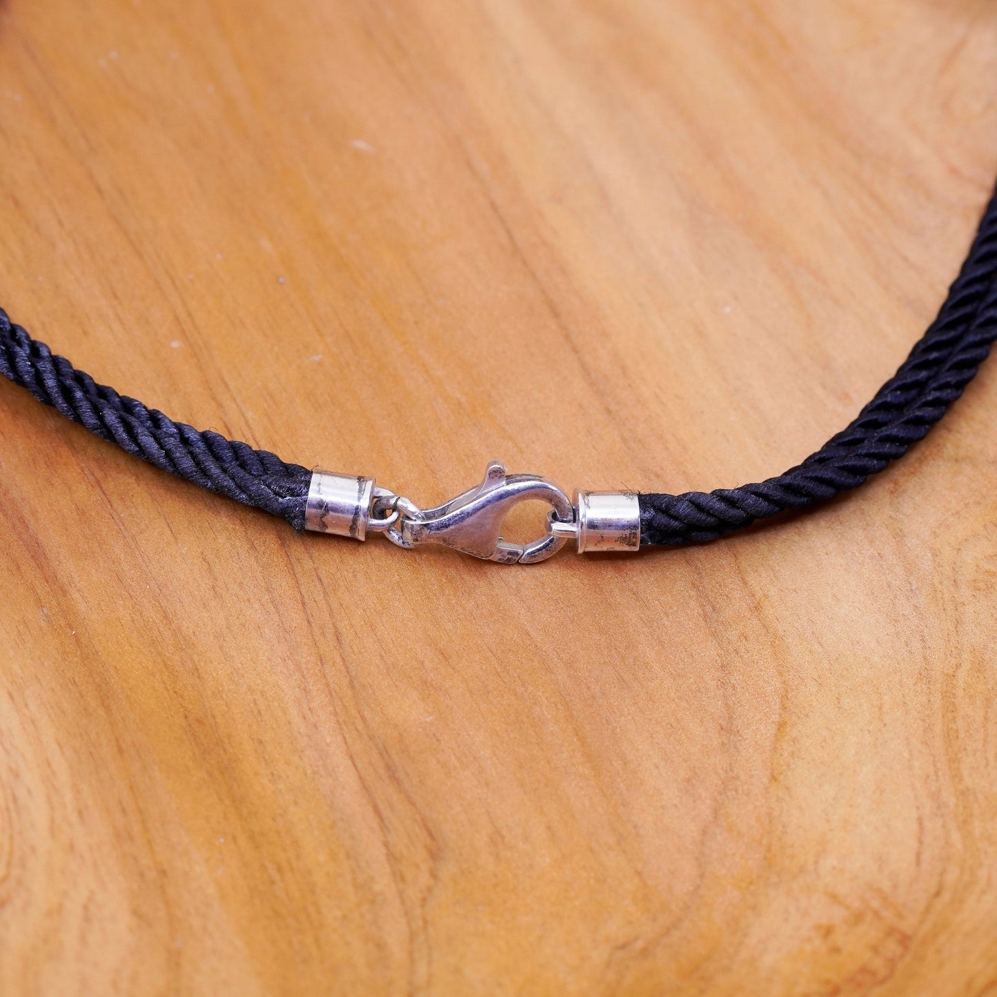 16”, vtg Sterling 925 silver circle pendant with black silk rope chain necklace