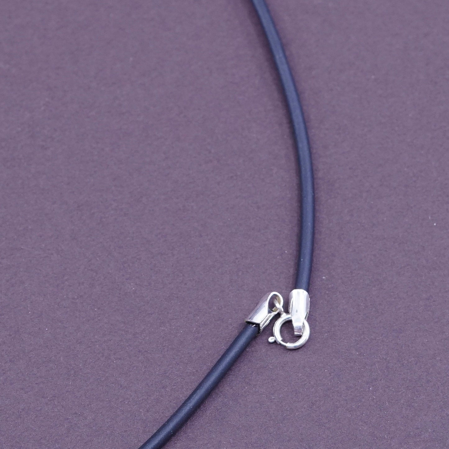 18”, VTG handmade necklace, black rubber thread choker W/ sterling silver clasp