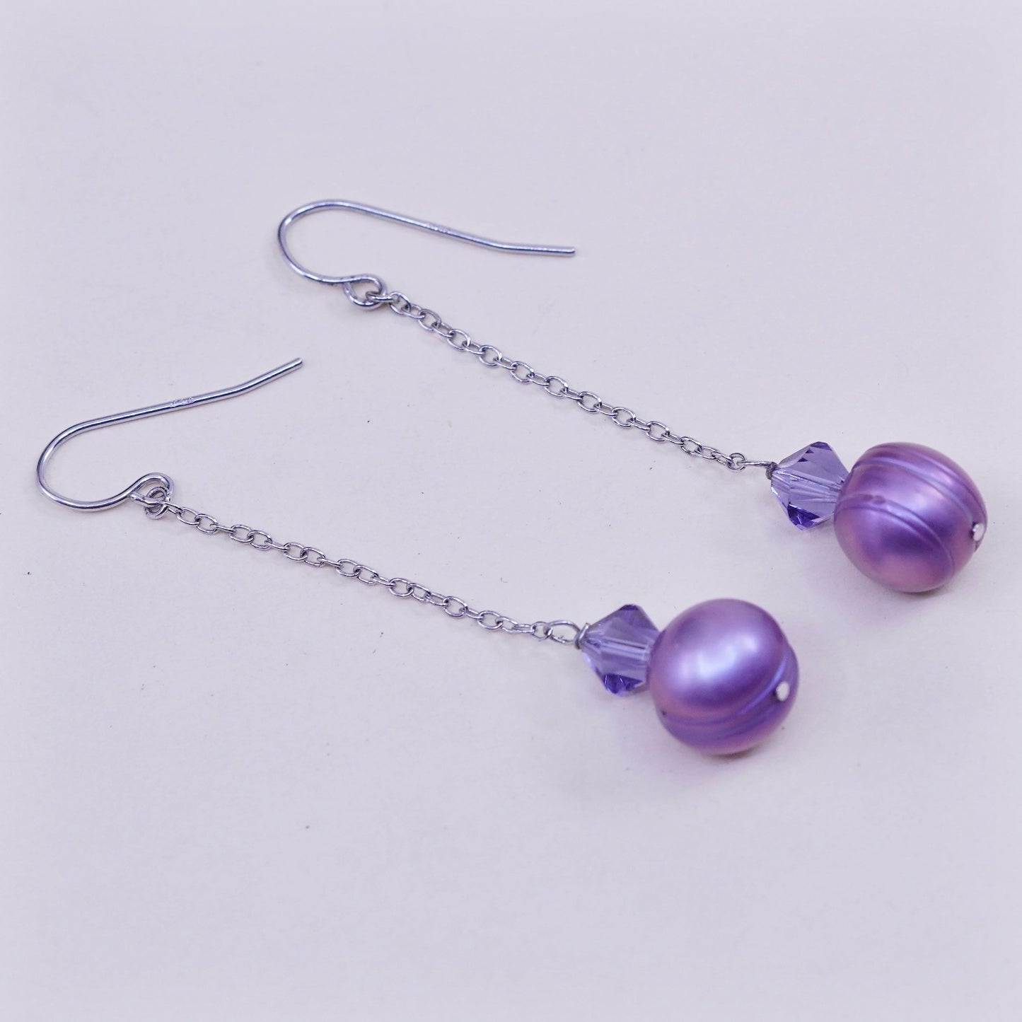 Vintage Sterling silver handmade earrings, 925 chain with purple pearl drops