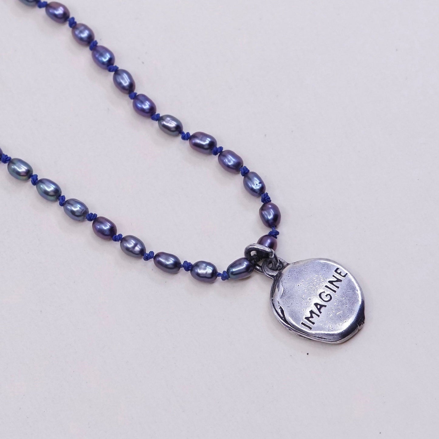 16”, handmade necklace w/ black pearl beads sterling 925 silver imagine pendant