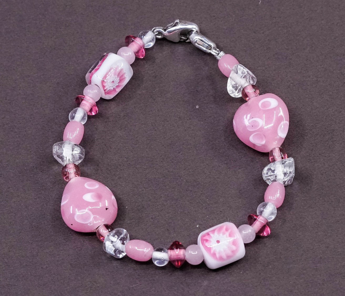 6”, vtg handmade pink artisan glass bead bracelet w/ 925 silver clasp
