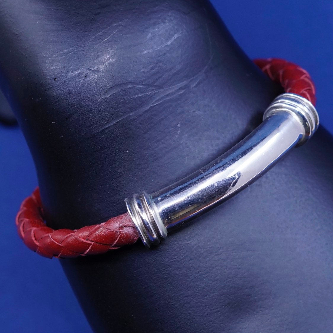 6.25", vtg ESPO Sterling silver handmade bracelet, 925 cuff braided red leather