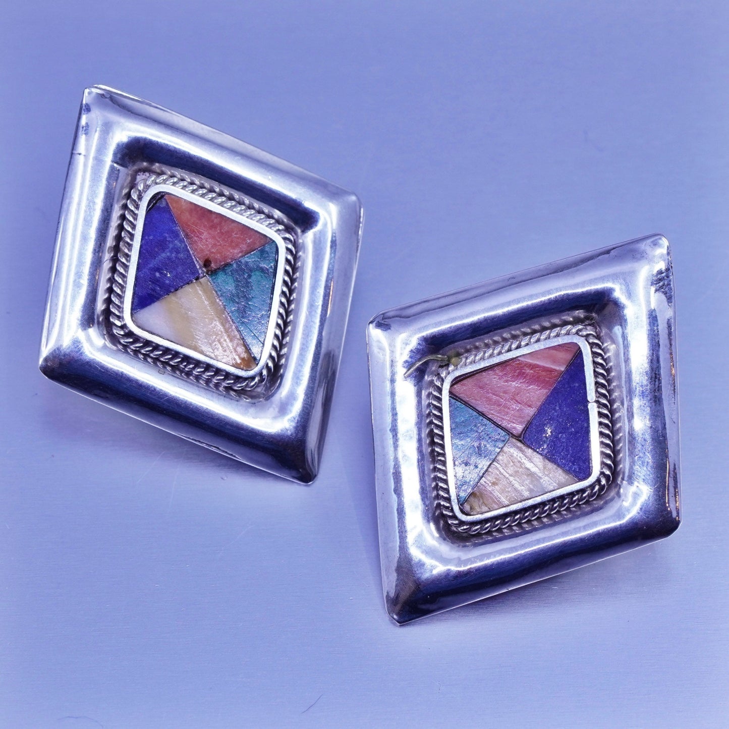 Mexico 925 silver handmade earrings, diamond clip on with malachite lapis agate