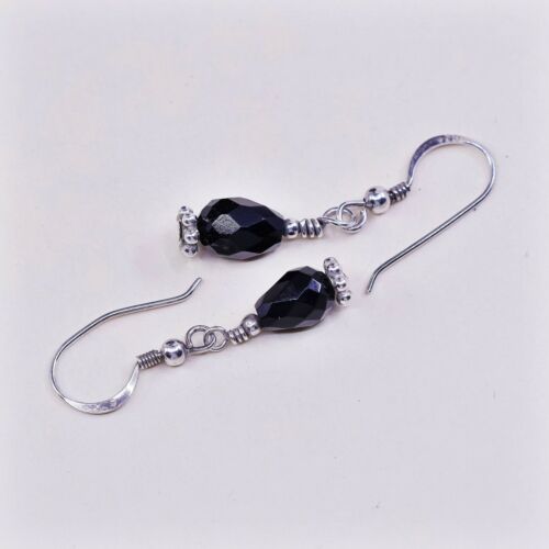 Vtg Southwestern Sterling 925 Silver Handmade Earrings W/ Obsidian Bead