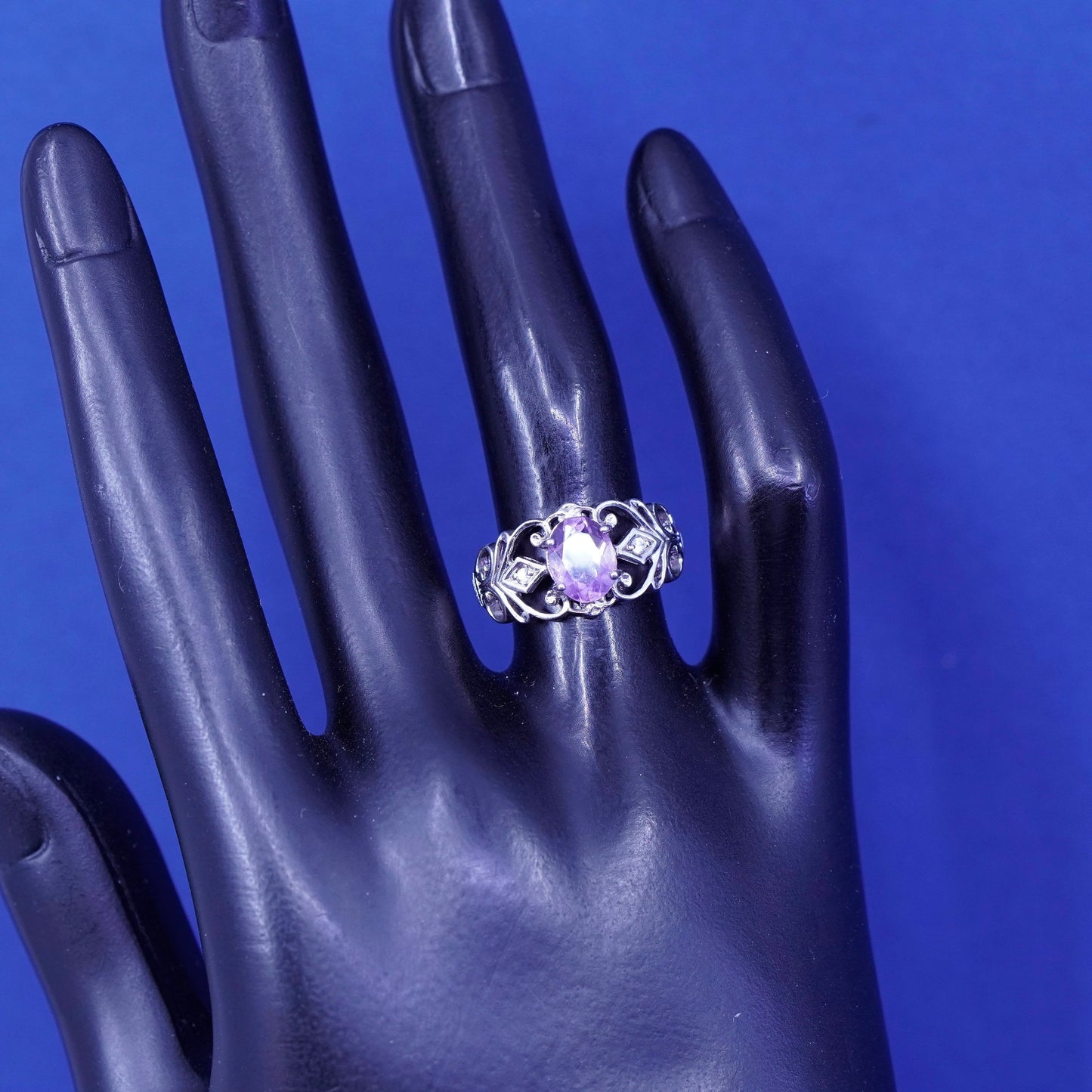 Size 6, Vintage Sterling silver handmade ring, 925 filigree band w/ amethyst Cz