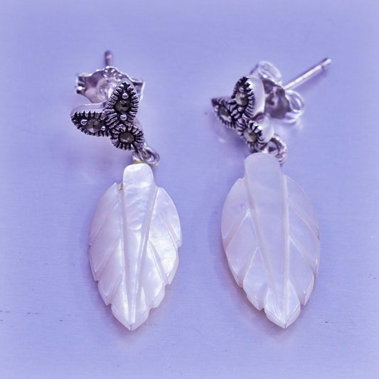vintage Sterling 925 silver handmade earrings, leaf dangles with marcasite