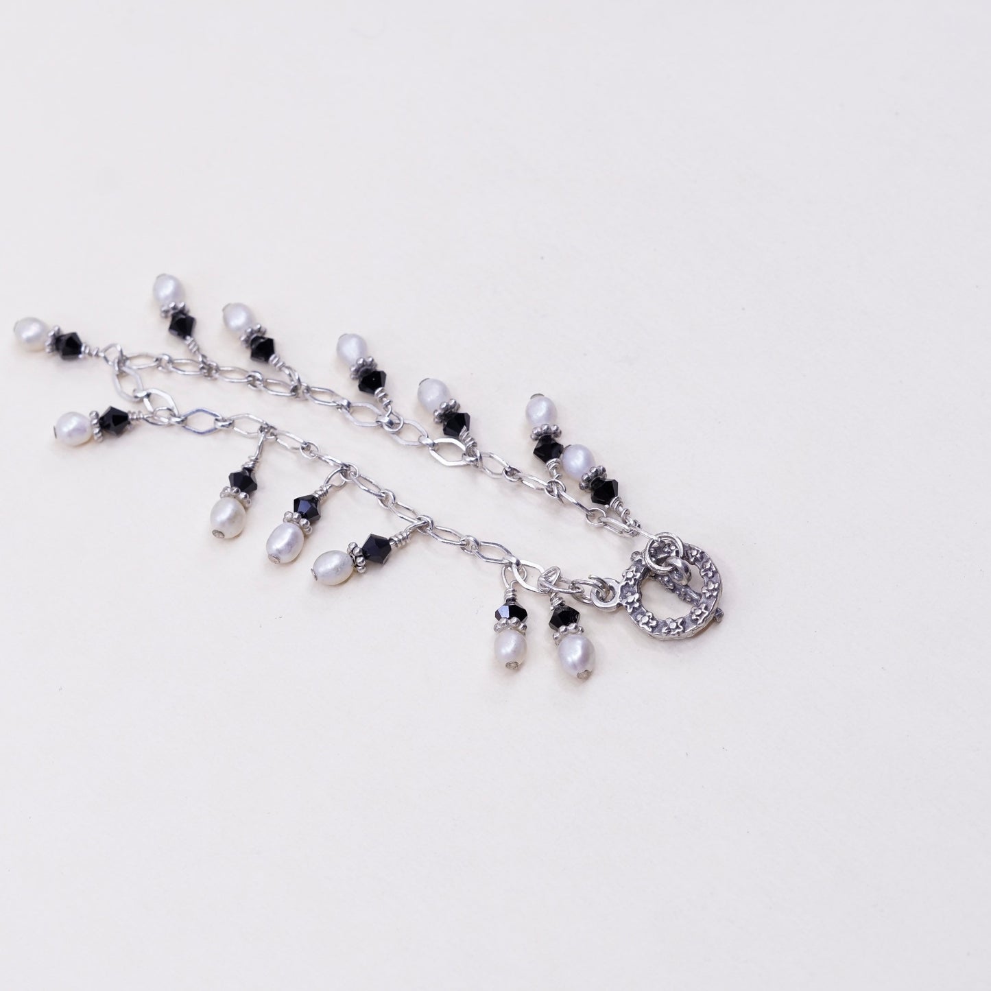 6.75”, vtg Sterling 925 silver handmade bracelet, pearl beads with crystal