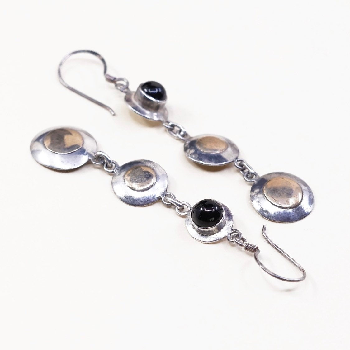 two tone sterling 925 silver handmade disc earrings w/ brass n garnet beads