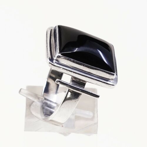 Sz 7.75, Vtg Sterling Silver Handmade Ring, 925 Silver Band W Obsidian Inlay