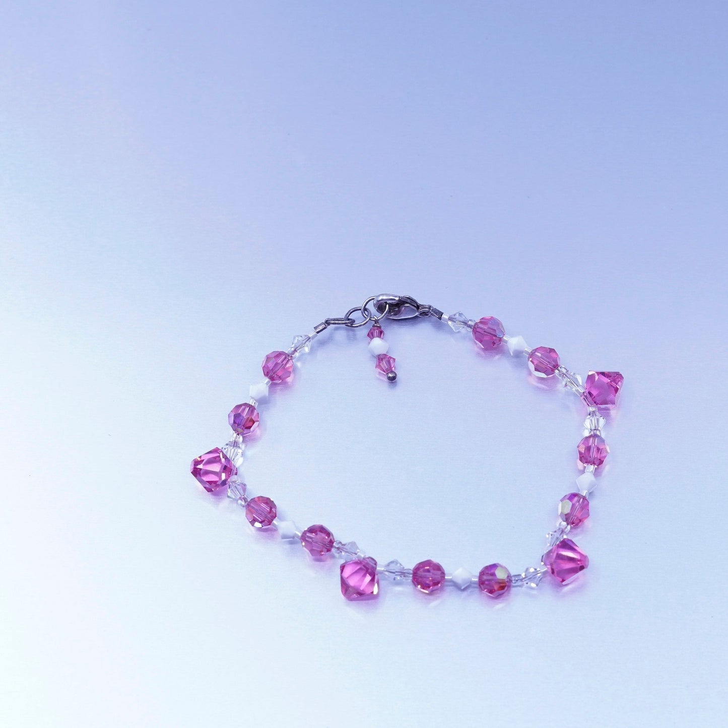 7”, vintage Sterling 925 silver handmade bracelet with pink crystal beads