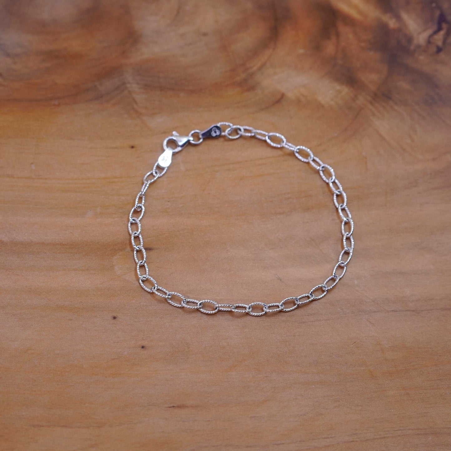 7.25” 4mm, vintage Sterling silver handmade bracelet, textured 925 oval links