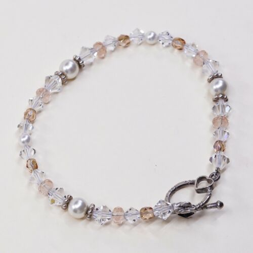 7”, Vtg Sterling Silver Handmade Bead Bracelet, 925 Swarovski Crystal W/ Toggle