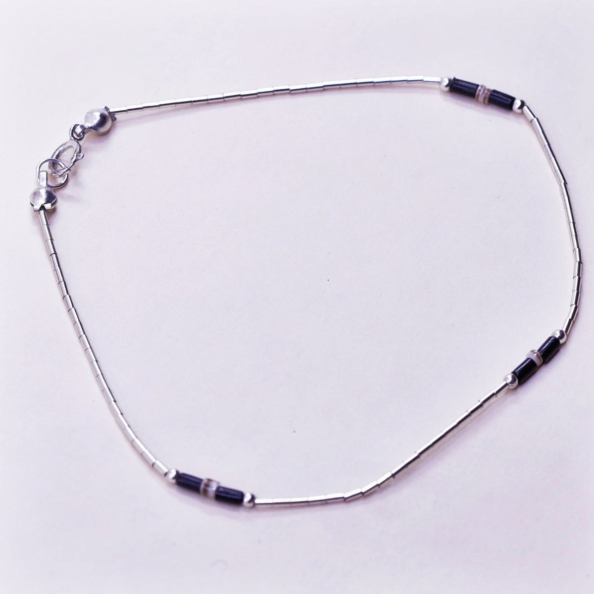 9”, Vintage Handmade sterling silver anklet, 925 liquid silver chain obsidian