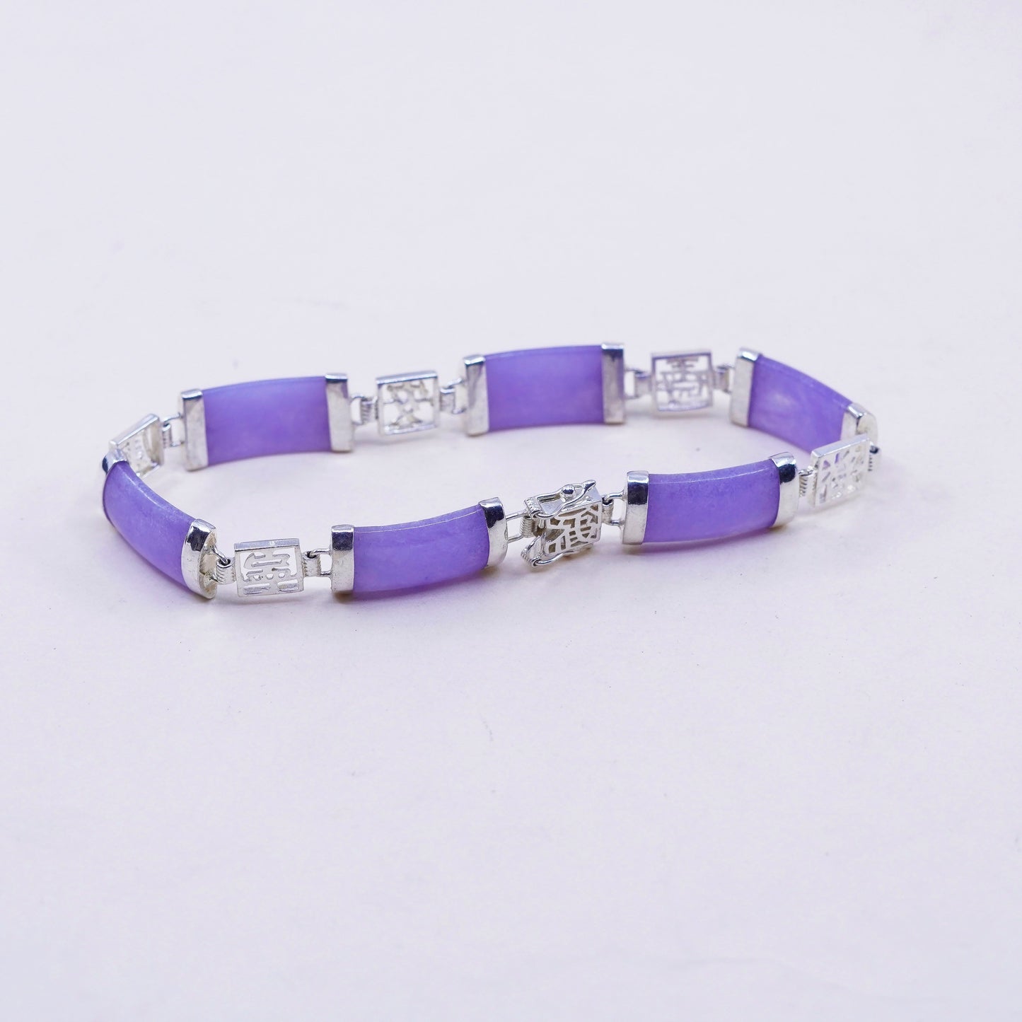 7.25”, vtg sterling 925 silver handmade bracelet purple jade Chinese characters