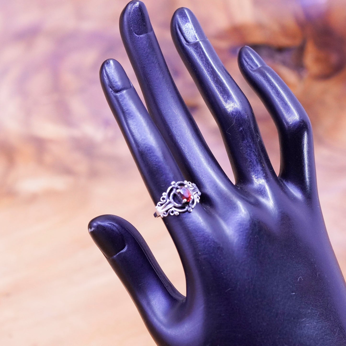 Size 6.25, vintage Sterling 925 silver filigree ring with oval ruby