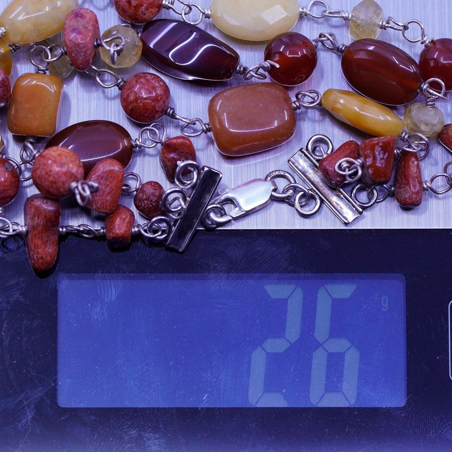 7”, vtg Sterling 925 silver beaded bracelet w/ agate coral citrine carnelian