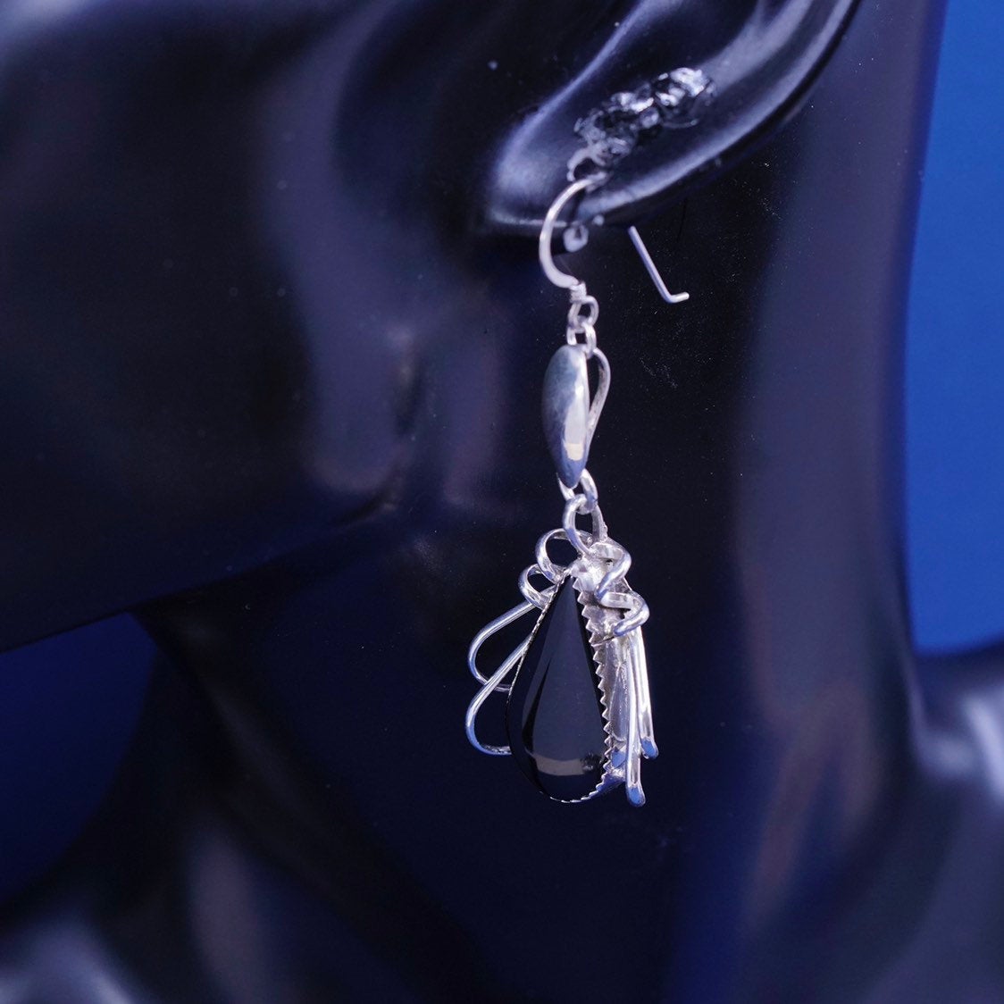 Native american MA Navajo Earrings, Sterling Silver teardrop obsidian dangles