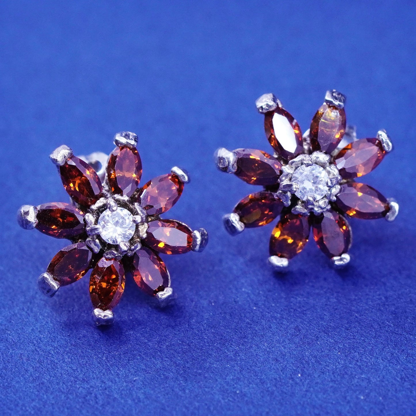Vintage Sterling silver handmade earrings, 925 flower studs with ruby