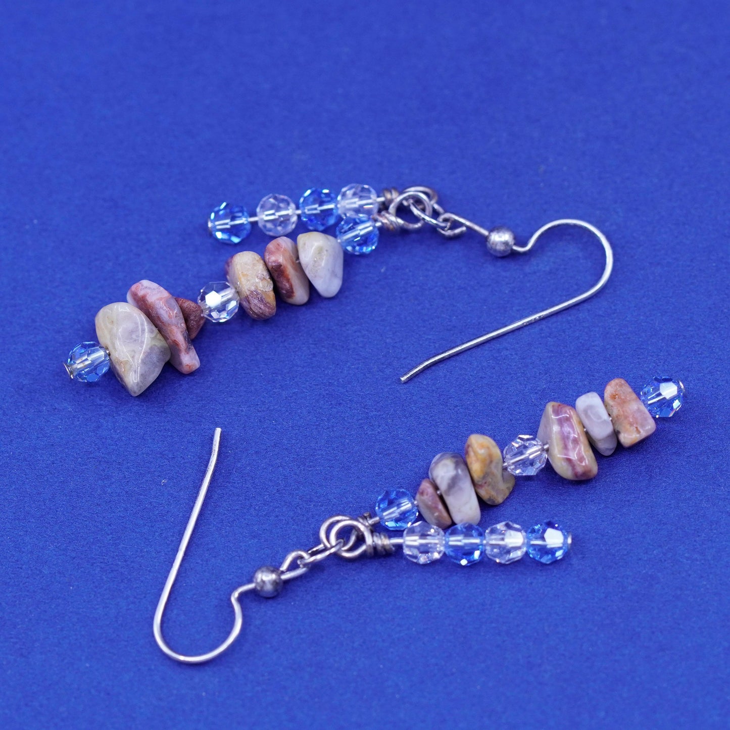 sterling 925 silver handmade earrings blue crystal and jasper nuggets