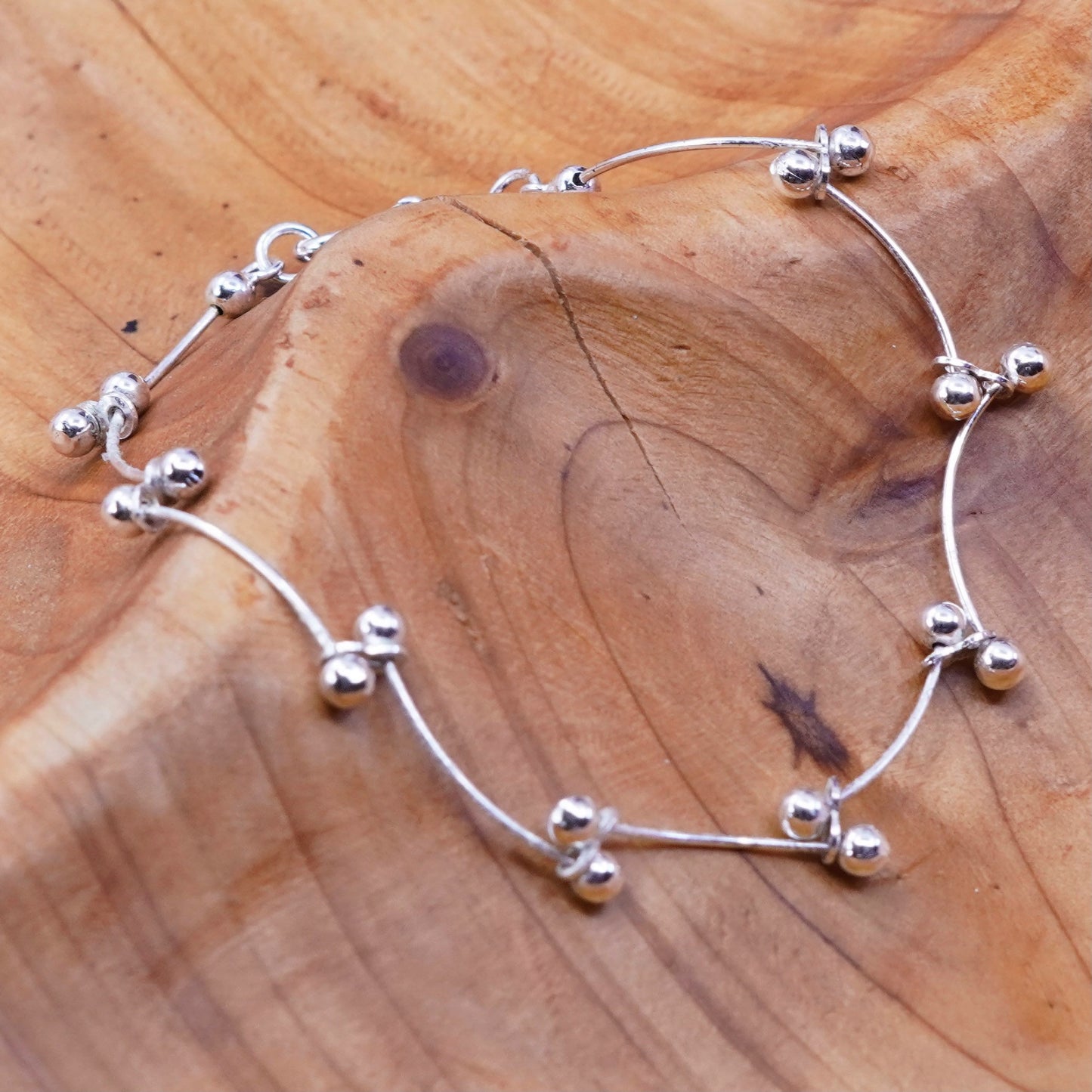7”, vtg Sterling silver handmade bracelet, 925 wavy DNA link chain with bead