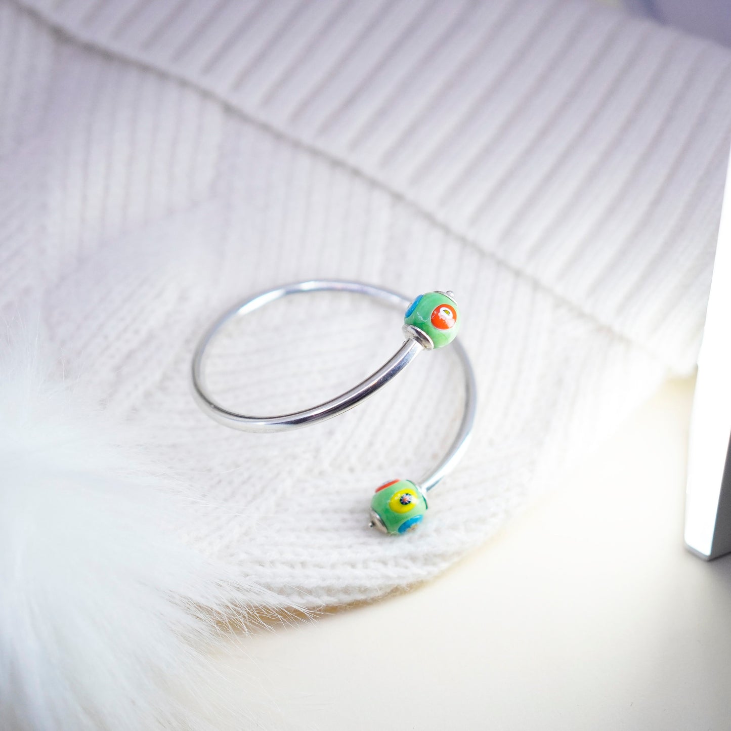 6.75”, sterling silver bracelet, 925 cuff wrap bangle with murano floral glass