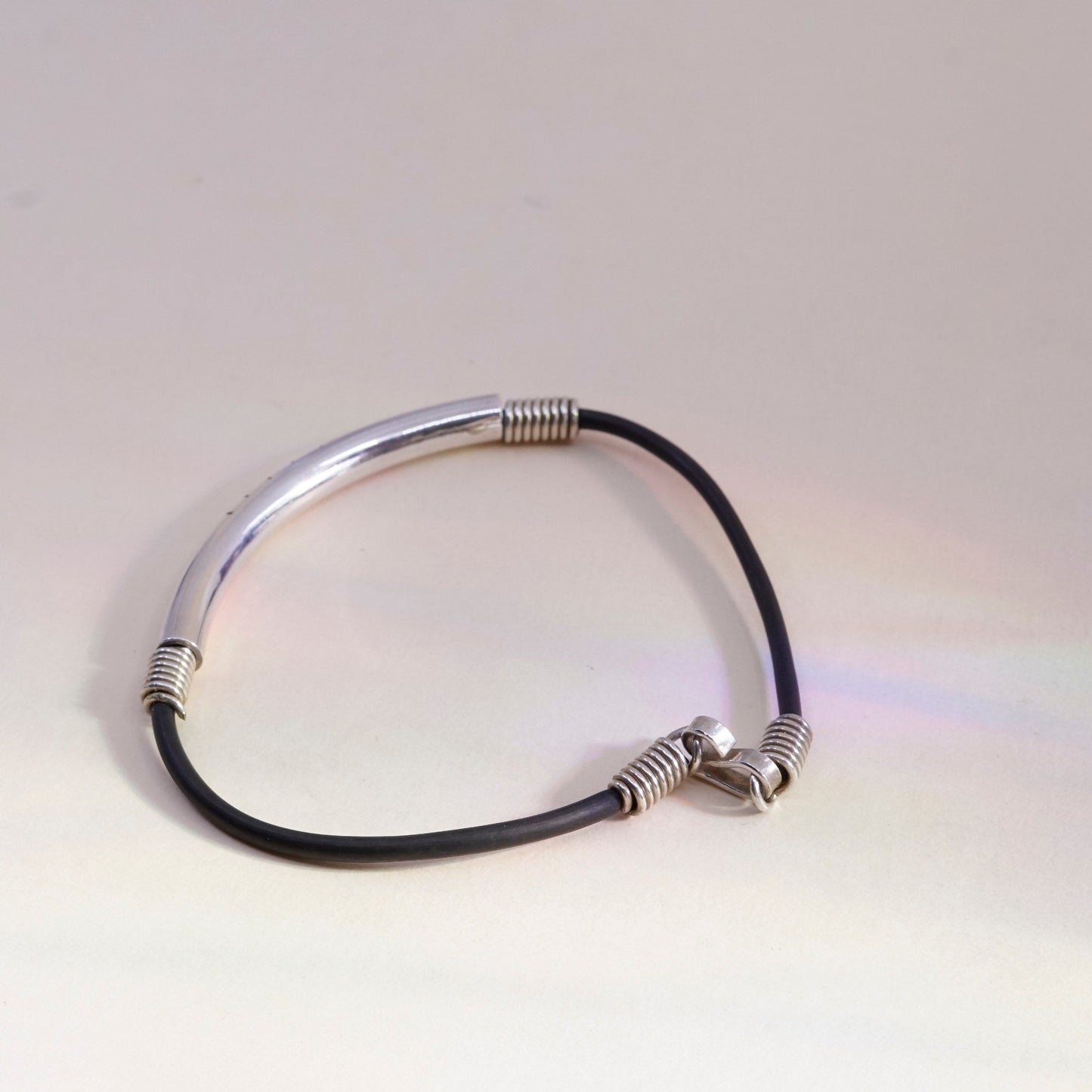7.25”, Vintage black rubber chain with sterling 925 silver bar