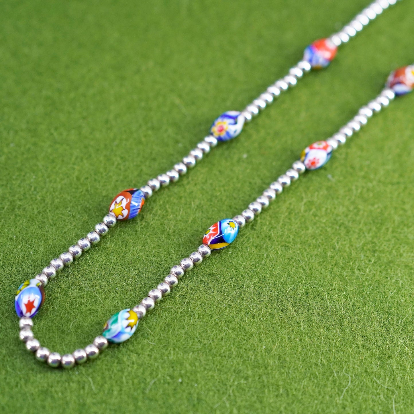 20”, Sterling silver handmade beaded chain necklace with Italian Murano glass