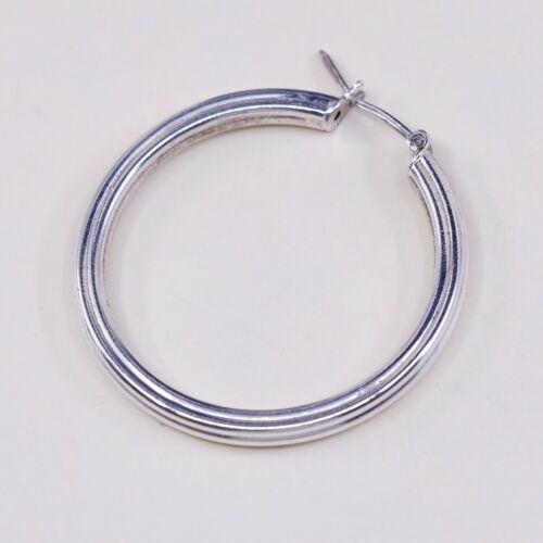 1.25”, Vtg 925 Sterling Silver Handmade Ribbed Huggie Hoop Earrings, Stamped 925