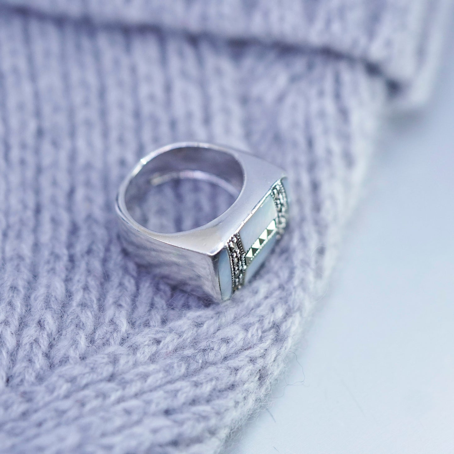 Size 5.75, Sterling 925 silver handmade ring with mother of pearl and marcasite