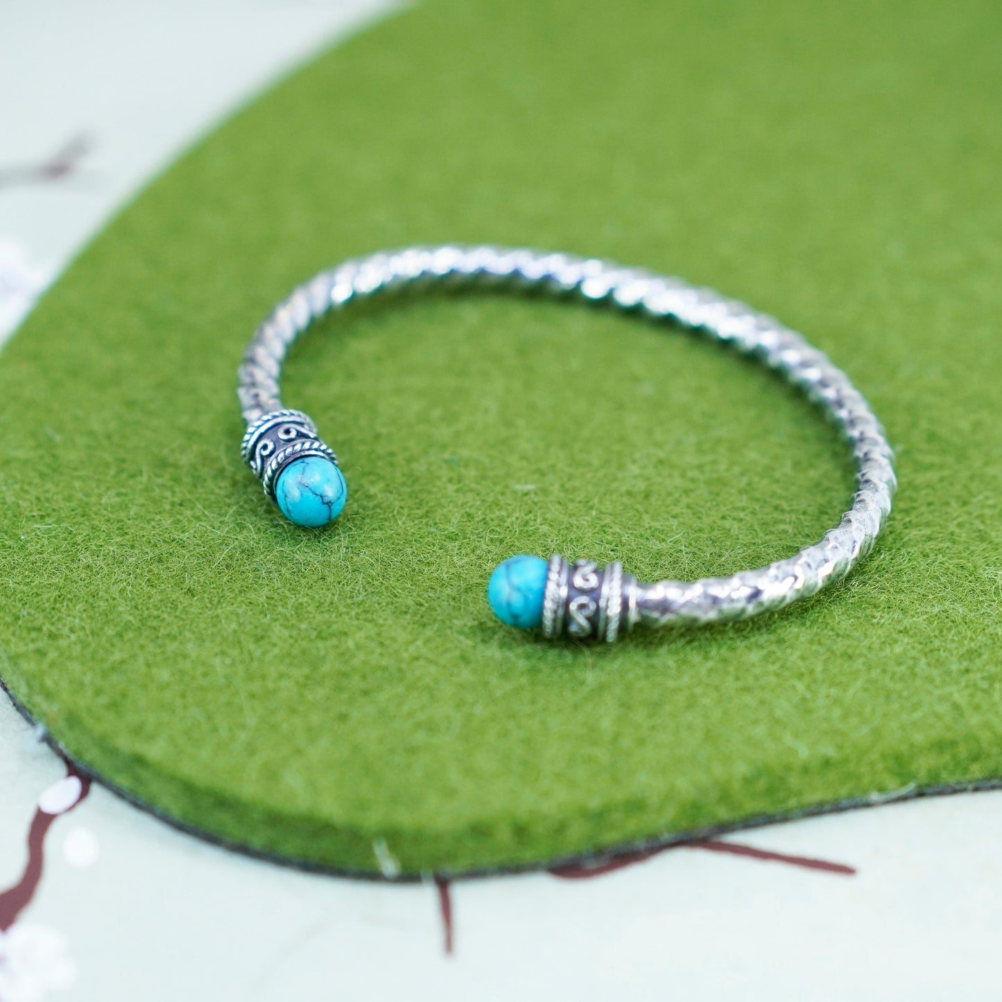 5.75”, Native American southwestern Sterling 925 silver cuff w/ Turquoise beads