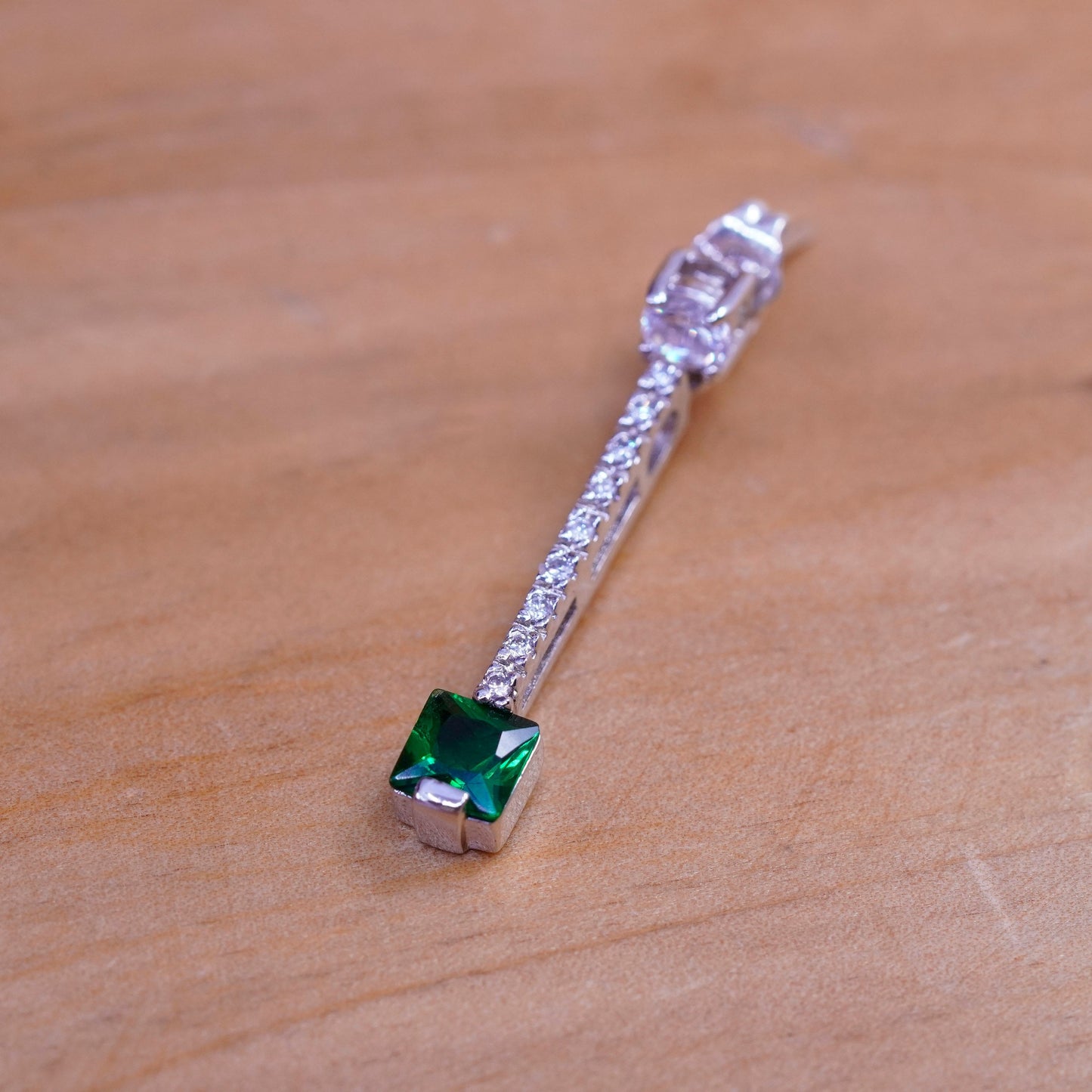 Vintage Sterling silver handmade earrings, 925 long drops with green clear CZ